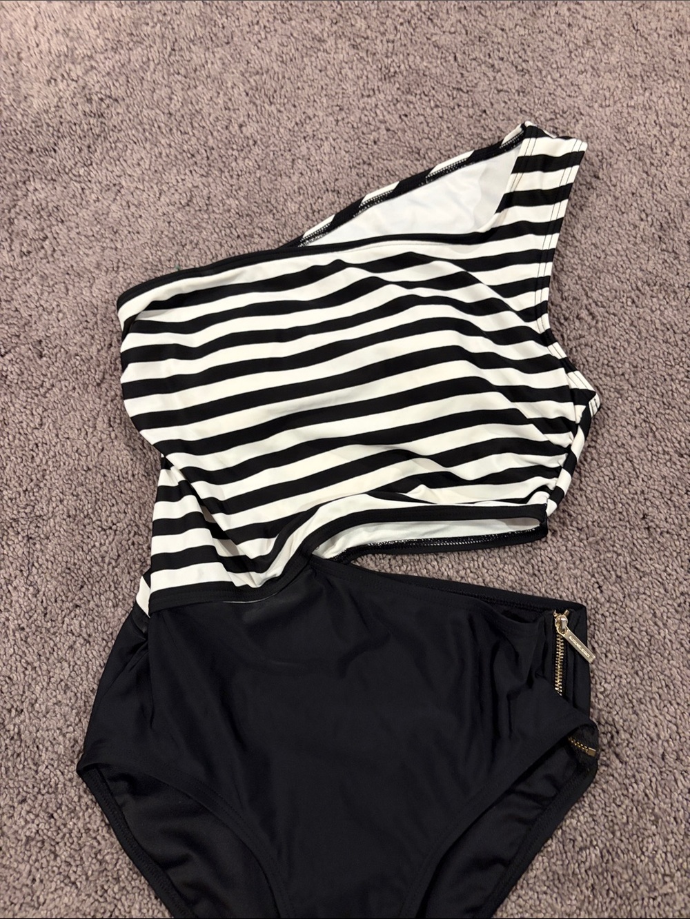 Michael Kors Black and White Striped One-Shoulder One-Piece Swimsuit